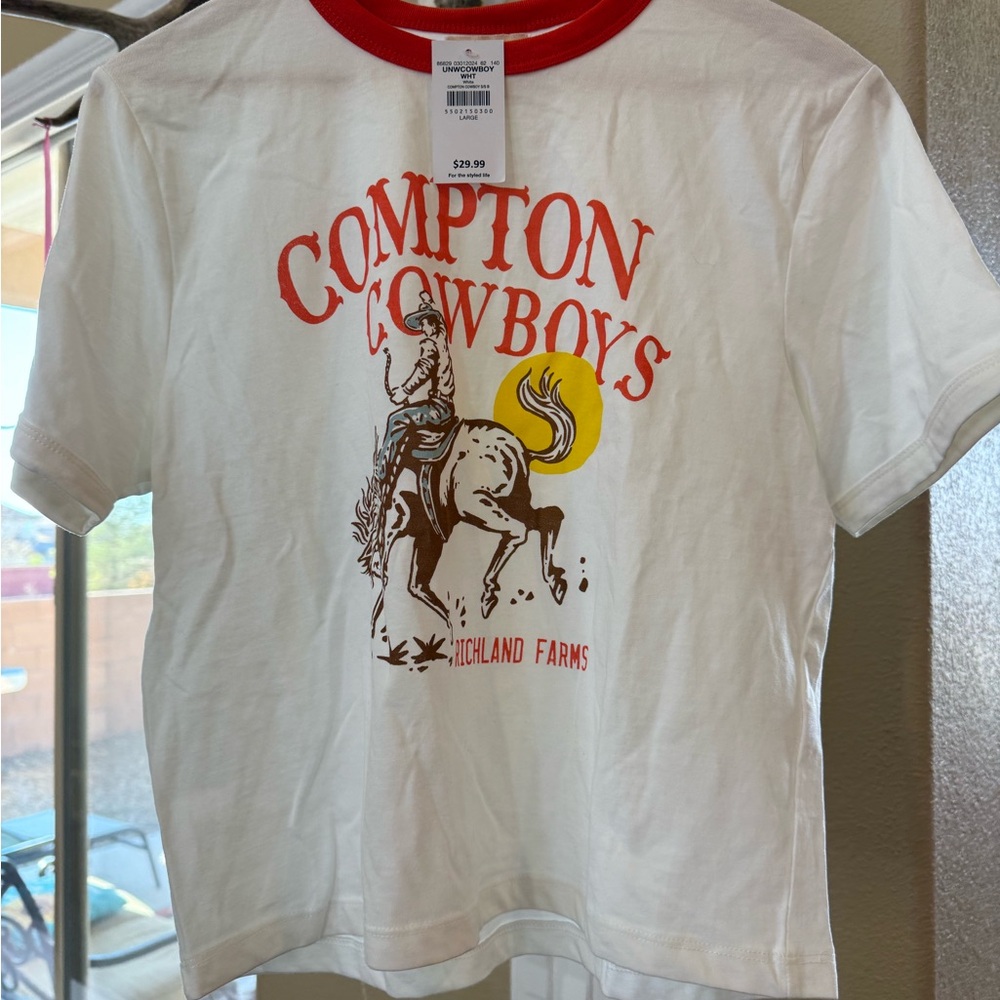 Cropped Tee White and Red Ringer Tee with Compton Cowboys Design